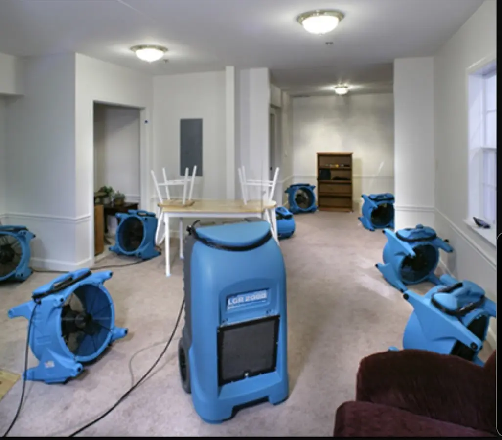 Air movers and dehumidifier setup for Water Extraction & Removal in Tolland
